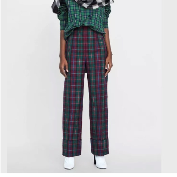 NWT ZARA PLAID/TARTAN HIGH WAIST TURN HEM PANTS - Picture 2 of 5